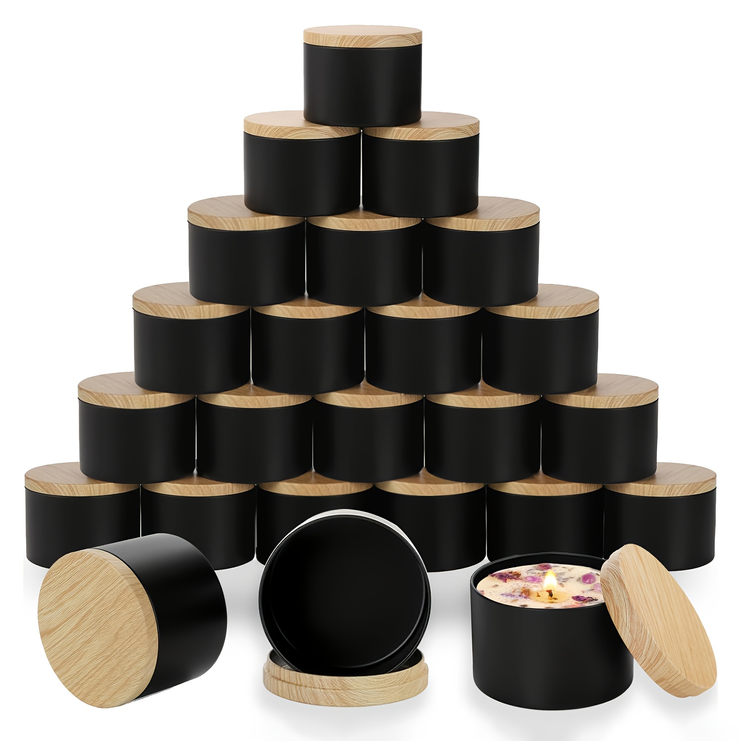 Candle Making Supplies Jars - Black candle jars with wood lids.